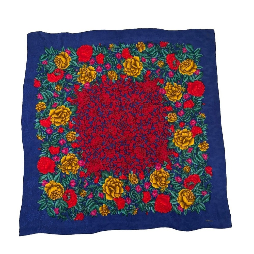 Vintage Albert Nipon Floral Square Scarf Blue Red Gold Designer Silk Feel 0734